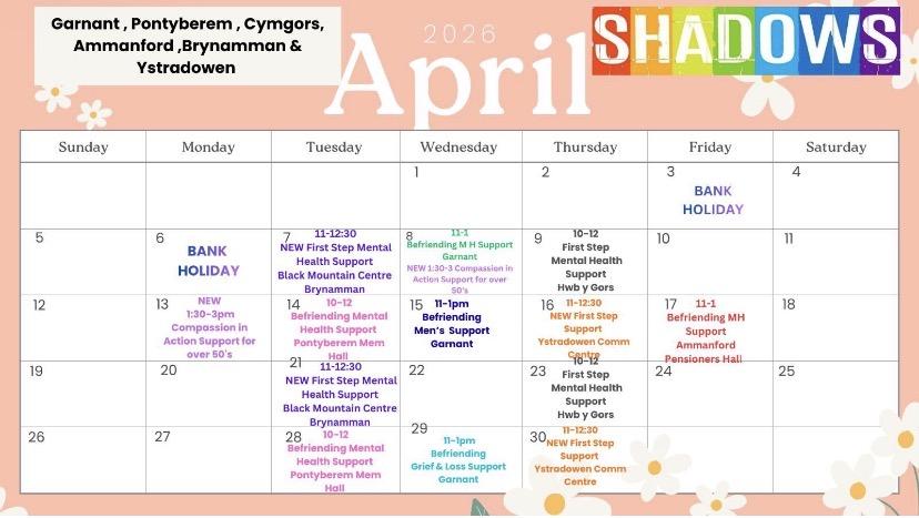 Calendar for April  for what support available and well-being activities in Shadows