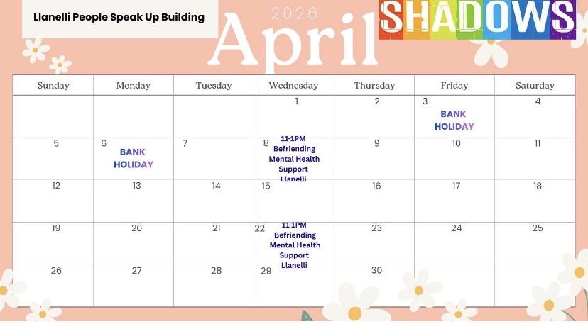 Shadows calendar of mental health support in llanelli