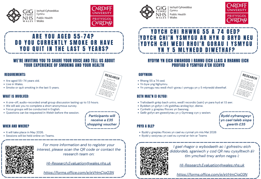 Take part in a focus group discussion on smoking / Cymryd rhan mewn trafodaeth grŵp ffocws ar ysmygu